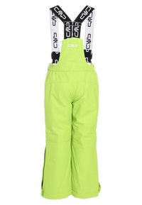 Klart gröna vattentäta overaller gjorda av hållbart material, med justerbara svarta remmar med vitt logotyp, sidofickor med dragkedja och en lös passform.