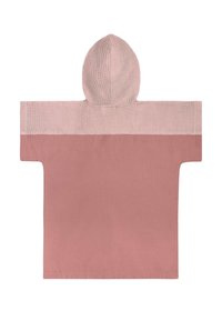 Hoodie-Poncho aus strukturiertem pinken Stoff mit einem Farbabstufungsdesign, das einen helleren oberen Abschnitt und einen dunkleren unteren Abschnitt umfasst.
