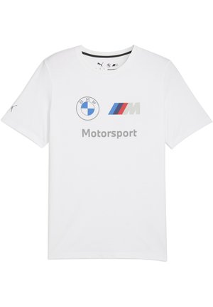 Bijela majica kratkih rukava s BMW i M Motorsport logotipima u sivoj boji i šarenim prugama. Izrađena od laganog materijala s okruglim izrezom.