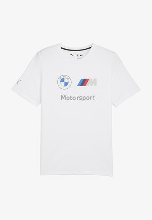 T-shirt de manga curta branca com os logótipos da BMW e M Motorsport em cinza e riscas coloridas. Feita de tecido leve com um decote redondo.