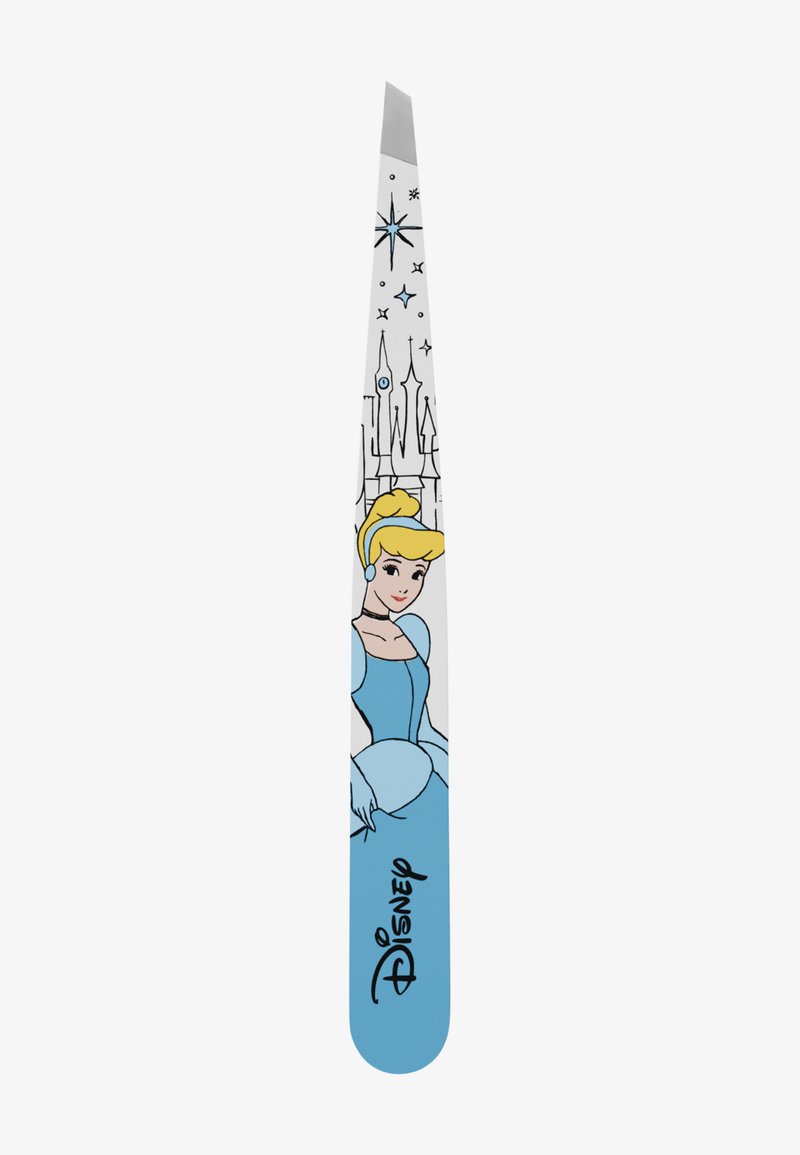 Pinzette con illustrazione di Cenerentola in abito azzurro, contorno del castello, stelle e logo Disney nero su sfondo bianco.