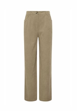 Beige corduroy pants with a straight leg design, featuring two front pockets and a single button closure at the waist.