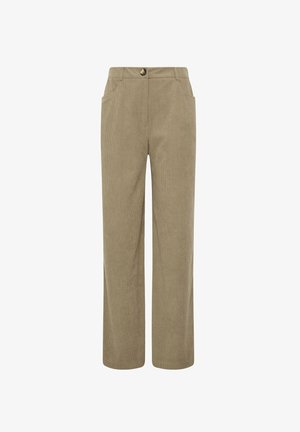 Beige corduroy broek met een recht gesneden ontwerp, featuring twee voorzakken en een enkele knoopsluiting bij de taille.