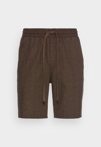 Shorts marron texturés avec une taille élastique et un cordon de serrage, présentant un motif à carreaux subtil et des poches latérales.