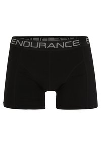 Boxer shorts neri realizzati in un tessuto morbido, con una cintura elastica spessa sulla quale è stampato "ENDURANCE" in grigio. Dettagli delle cuciture visibili.