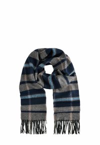 Ullsjal med rutigt mönster i grått, marinblått och ljusblått, arrangerad i en ögla med synliga fransiga ändar.