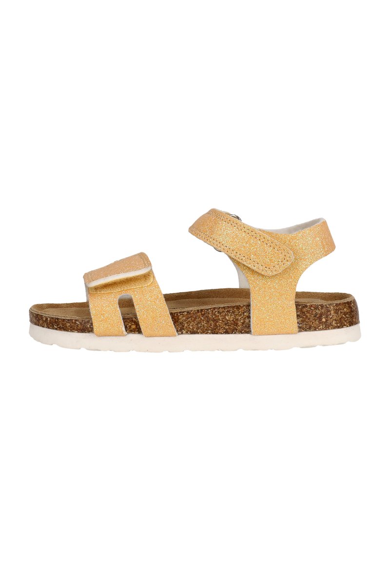 Gouden glittersandalen met twee klittenbandsluitingen, een kurken voetbed en een witte rubbersole. Kenmerken zijn een open achterkant en een zij-uitsnijdingen ontwerp.
