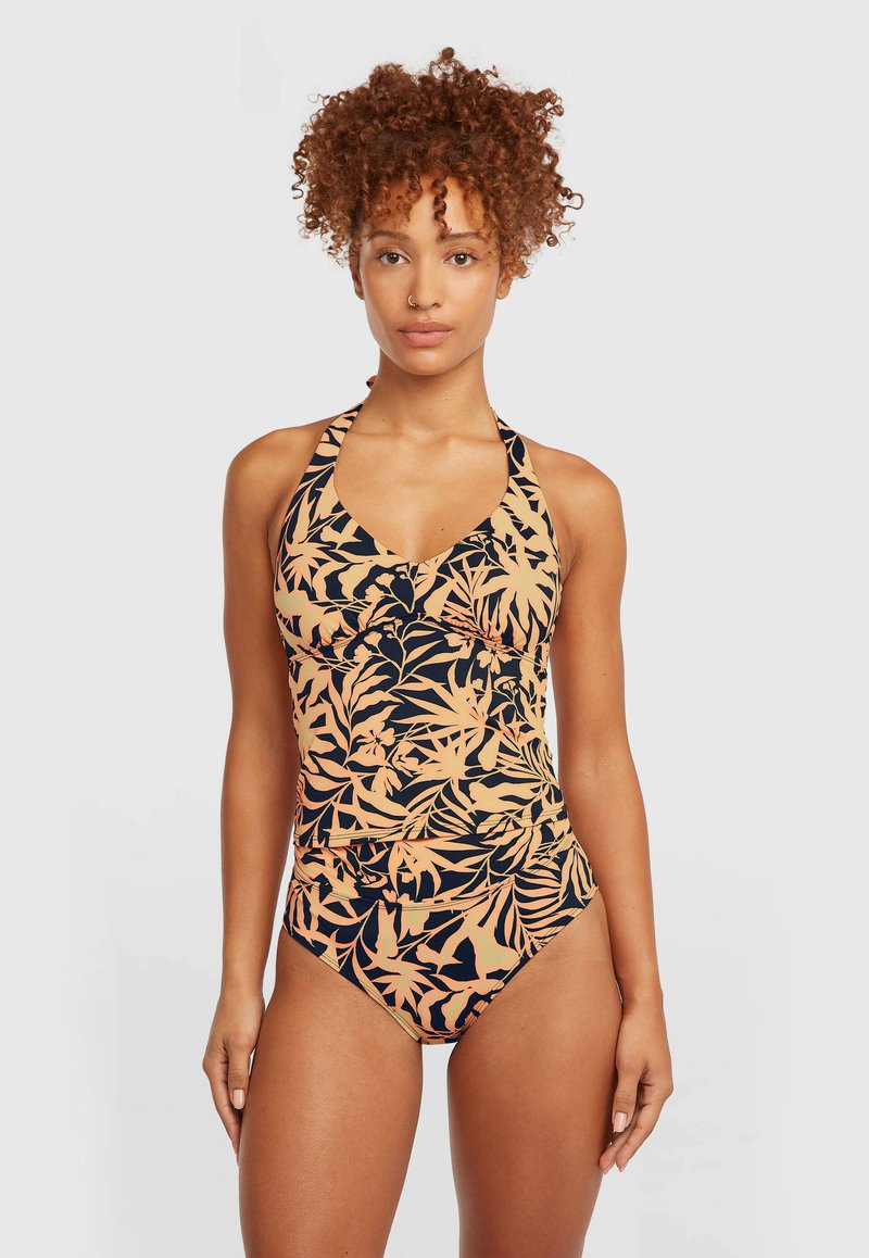 Μαγιό με σχέδιο σε μαύρο και ροδακινί, με σχέδιο χαμηλού λαιμού, διακοσμημένο με μοτίβα τροπικών φύλλων, από απαλό ύφασμα και εφαρμοστή γραμμή.