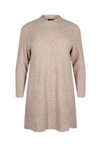 Beiger, gestrickter Pullover mit rundem Ausschnitt, Dreiviertelärmeln und einem strukturierten Zickzackmuster. Lockerer Schnitt.