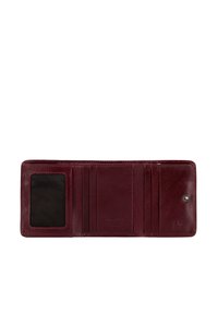 Portafoglio in pelle borgogna con più scomparti per carte, una finestra trasparente per l'ID, texture liscia e chiusura a scatto per una conservazione sicura.