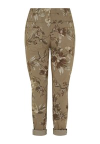 Blomsterprintede bukser i nuancer af brun og creme, lavet af blødt stof. Har opsmøgede kantede sømme og baglommer. Taperet ben-design.