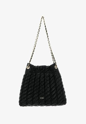Black quilted handbag with twisted texture, finished with gold hardware and a chain strap. The bag features a gathered top design.