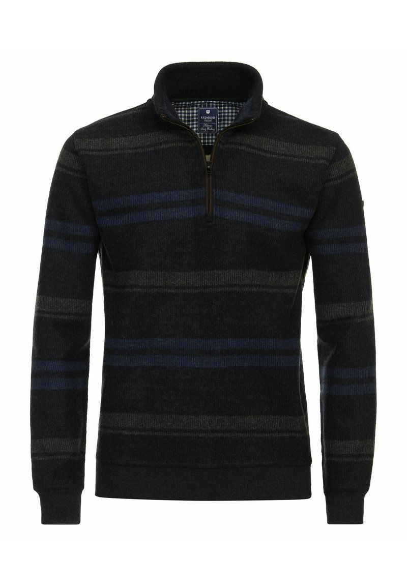 Czarny polarowy rozpinany sweter z pół zamkiem, z poziomymi pasami w odcieniach niebieskiego i szarości. Ribbowane mankiety i dół, teksturowane wykończenie.