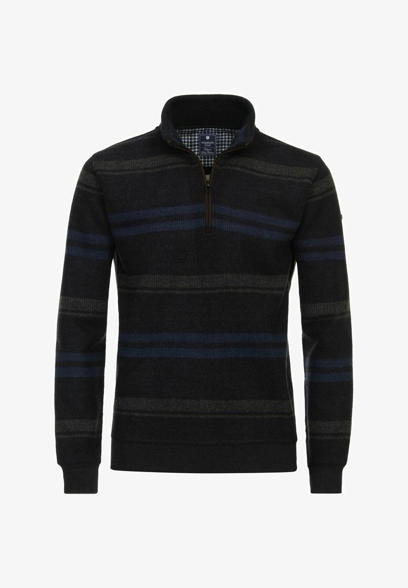 Czarny polarowy rozpinany sweter z pół zamkiem, z poziomymi pasami w odcieniach niebieskiego i szarości. Ribbowane mankiety i dół, teksturowane wykończenie.