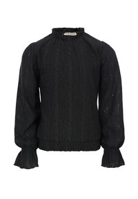 Zwarte blouse van textuurstof met een subtiel patroon, voorzien van een hoge halslijn, opgezette mouwen en gepofte manchetten.