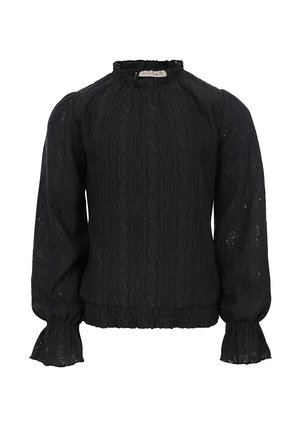 Zwarte blouse van textuurstof met een subtiel patroon, voorzien van een hoge halslijn, opgezette mouwen en gepofte manchetten.