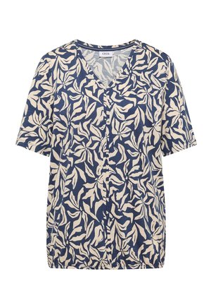 Blouse bleue à manches courtes avec motif abstrait de feuilles crème, col en V et ourlet froncé, étiquette "Cecil" à l'intérieur du col.