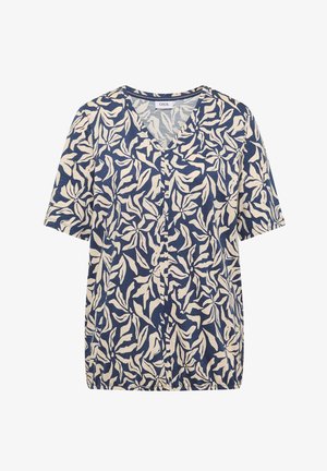 Modrá krátký rukáv halenka s krémovým abstraktním listovým vzorem, výstřihem do V a nařaseným lemem, uvnitř límce označeno "Cecil".