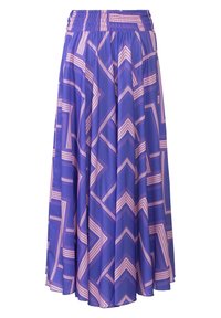 Długa fioletowa spódnica z różowymi wzorami geometrycznymi, z elastycznym pasem i lekkiego materiału. Luźny fason w kształcie litery A.