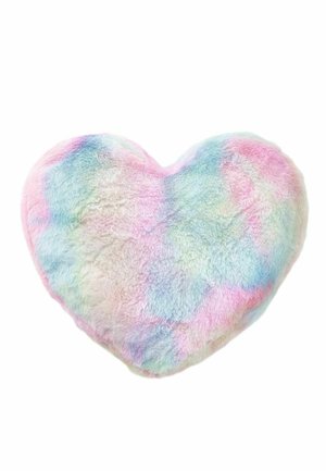 Heart-shaped fluffy pillow with pastel rainbow colors including pink, blue, green, and purple against a white background.