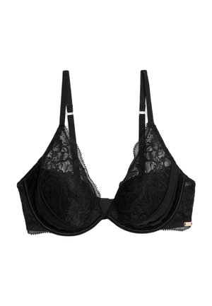 Soutien-gorge en dentelle noire avec armatures, doté de bretelles réglables et de détails en maille florale, conçu pour offrir un bon maintien tout en gardant une allure délicate.