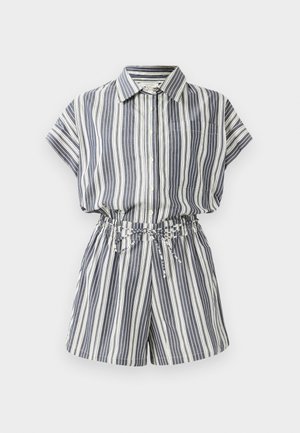Combinaison courte à rayures bleu marine et blanche, avec un devant à boutons, une taille élastique avec cordon de serrage et des poches latérales.