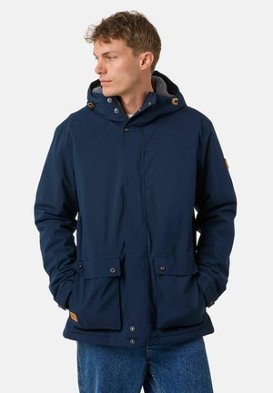 Marineblau wasserdichte Jacke mit Kapuze, ausgestattet mit zwei Fronttaschen, Druckknöpfen und einem weichen Innenfutter für Wärme.