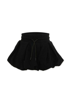 Minigonna nera plissettata con vita elastica e coulisse, mostrata distesa su uno sfondo bianco.