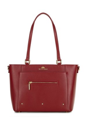 Red textured leather tote bag with two straps, featuring a front zip pocket and gold hardware accents, labeled "WITTCHEN" at the top.