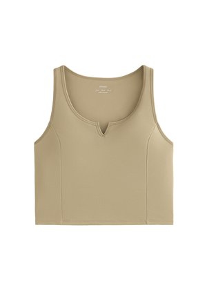 Beige croppet tanktop i struktureret stof med en lille V-udskæring ved den rundede hals, ærmeløs design.