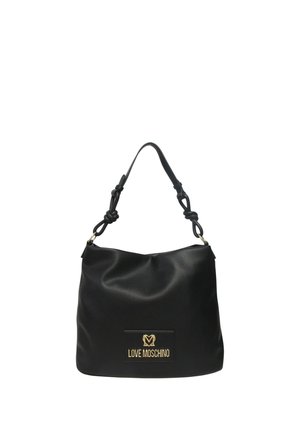 Borsa Moschino nera con tracolla annodata e targhetta logo dorata al centro davanti.