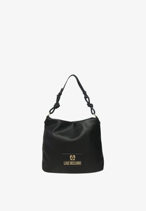 Borsa Moschino nera con tracolla annodata e targhetta logo dorata al centro davanti.