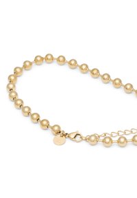 Gold-toned beaded necklace with round metallic spheres, featuring a lobster clasp and a small circular tag attached.
