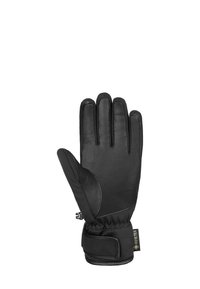 Schwarze Lederhandschuhe mit fünf Fingern, strukturiertem Handflächenbereich, Isoliermaterial und verstellbarem Handgelenkband. Mit einem Gore-Tex-Label.