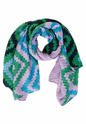 Kleurrijke zigzag-gepatroonde sjaal met tinten groen, blauw, paars en marineblauw, gedraaid weergegeven op een witte achtergrond.