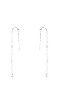 Boucles d'oreilles en argent avec un design en chaîne comportant cinq perles sphériques espacées de manière égale, finition lisse et polie, légères.
