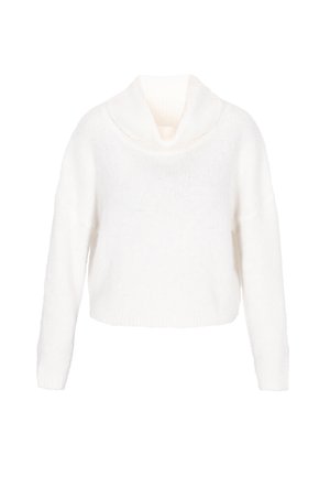 Witte gebreide lange mouw trui met een brede, omgeslagen col en geribde zoom en manchetten.