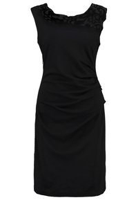 Schwarzes ärmelloses Kleid mit einer strukturierten floralen Überlage, drapierten Details an der Vorderseite und einer taillierten Silhouette. Glattes Gewebe mit leichtem Glanz.