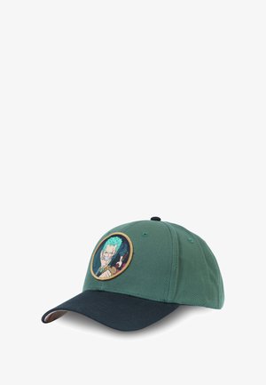 Casquette de baseball verte et noire présentant un patch rond avec un personnage d'anime brandissant une épée et ayant des cheveux cyan.