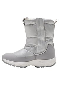 Vattentåliga grå stövlar med en glansig ovansida och kardborreband, med en tjock sula med struktur för grepp och vadderat inre för isolering.