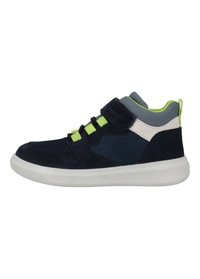Navy blauwe suède hoge sneakers met grijze en limoengroene accenten, voorzien van klittenbandsluiting en witte rubberen zool.
