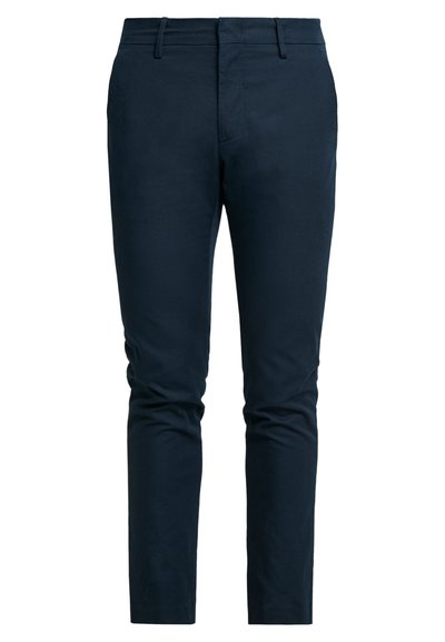 Calças slim-fit azul-marinho feitas de um tecido misto de algodão. Apresentam uma cintura clássica, passantes para cinto e uma textura suave e sem rugas.