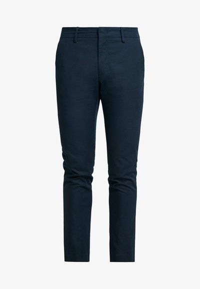 Calças slim-fit azul-marinho feitas de um tecido misto de algodão. Apresentam uma cintura clássica, passantes para cinto e uma textura suave e sem rugas.