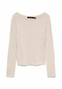 Pullover beige chiaro con maniche lunghe, caratterizzato da un motivo a diamante testurizzato e un ampio scollo a barca. Materiale in maglia morbida.