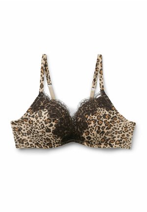 Biustonosz w panterkę z regulowanymi ramiączkami i ozdobą z czarnej koronki wzdłuż górnych krawędzi miseczek, ułożony na płasko na białym tle.