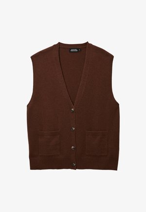 Gilet en laine brun avec un col en V, des boutons à l'avant et deux grandes poches. Texture douce et bordure côtelée au bas et aux emmanchures.