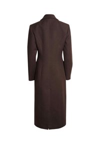 Brązowy wełniany płaszcz o dopasowanym kroju, z długimi rękawami, rozcięciem z tyłu i szwami na ramionach, z klasycznym wycięciem kołnierza.