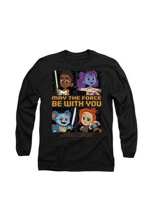 Schwarzes Langarmshirt mit Cartoon-Star-Wars-Charakteren, die Lichtschwerter halten, und dem Text "Möge die Macht mit dir sein" in orangefarbenen Buchstaben.