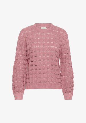 Pull en tricot rose avec un motif texturé et ouvert et des manches longues. Il possède un col rond et des poignets et un ourlet côtelés.