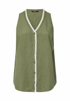 Olive green sleeveless top featuring a V-neck, white buttoned front, and decorative lace trim along the neckline and button placket.